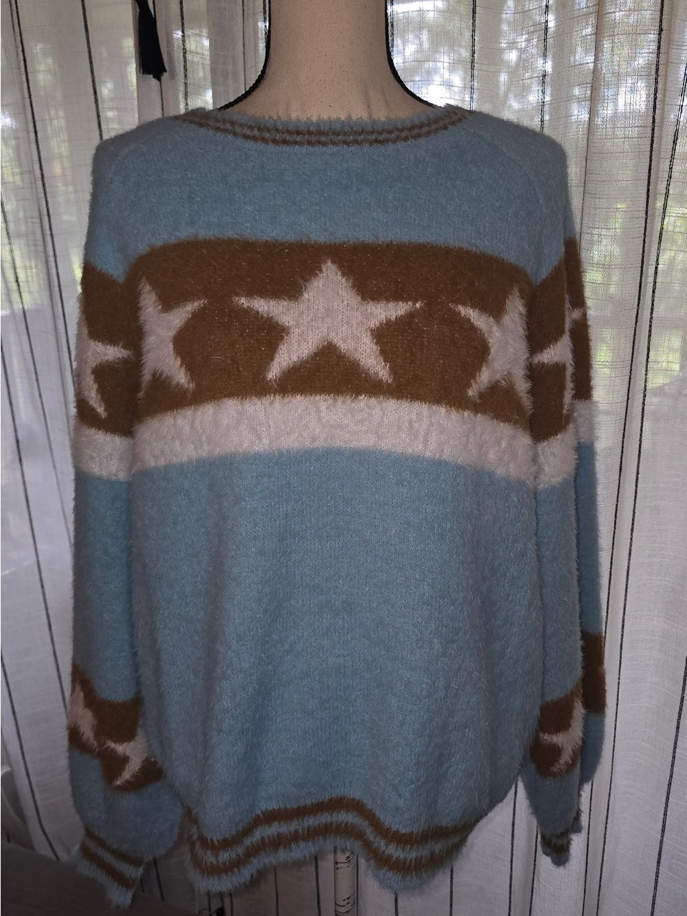 POL Blue Fuzzy Crewneck Sweater with Cream Stars and Brown Bands